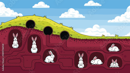 Cartoon diagram of rabbits living in an underground warren burrow system, illustrating tunnels, habitat, and cute animals, perfect for nature, animal, and educational design.
