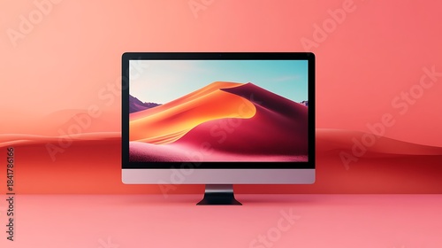 Computer displaying a desert landscape on its screen against a pink backdrop.