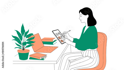 Woman using tablet and working at the desk illustration vector design concept