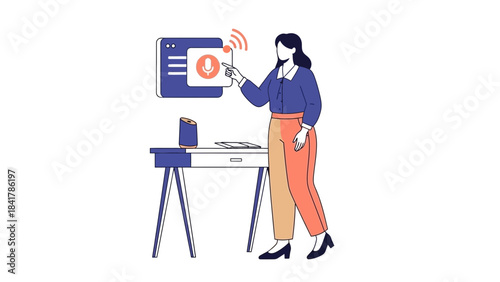 Woman using voice assistant on computer smart home technology flat vector illustration