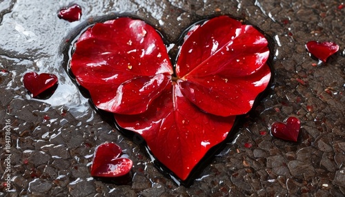 Red petal heart sitting on a leaf-strewn wet shiny paving stone, photography, romance, beautiful flower, cutest, flower petals, looks cute, dried petals, close-up, stone-heart,