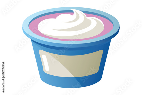 Cartoon drawing presents a single blue container filled with creamy white dairy topping