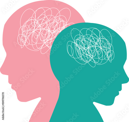 Abstract Brain Concept with Two Human Heads Representing Mental Chaos and Cognitive Disorganization