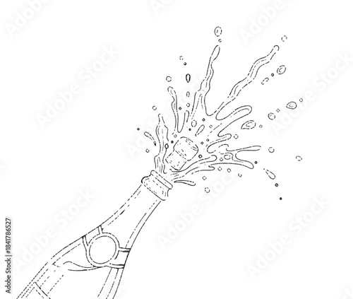 Champagne Bottle Popping with Cork and Splashing Liquid, Celebration Line Art