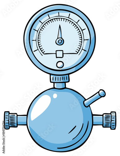 Cartoonish blue manometer with round gauge for indicating pressure level