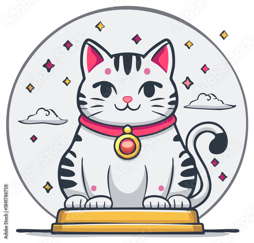 Cartoon illustration of a lucky Maneki Neko cat with traditional design elements