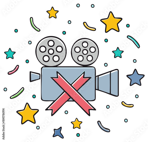 Vintage movie camera with red x symbol and scattered confetti stars celebration