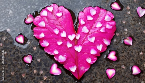 Pink petal heart sitting on a leaf-strewn wet shiny paving stone, photography, romance, beautiful flower, cutest, flower petals, looks cute, dried petals, close-up, stone-heart,
