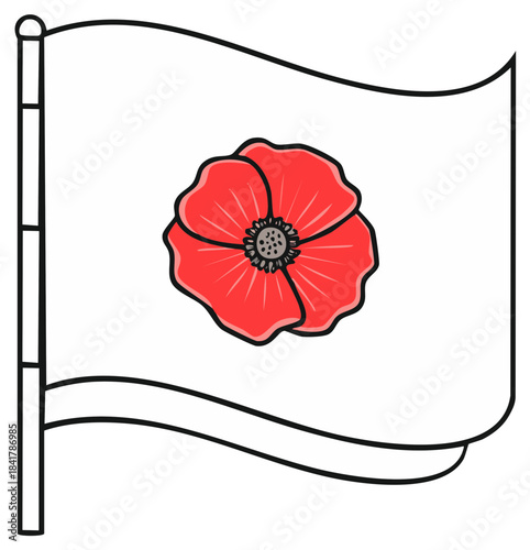 Waving flag adorned with a remembrance poppy, fluttering in a gentle breeze for memorial day and armistice day