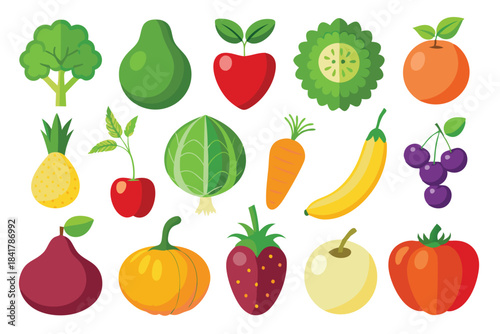 Colorful fruits and vegetables are scattered across a white background in this cute vector