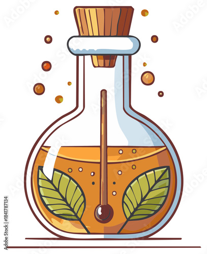 Cartoon Alchemy Potion Bottle Filled with Green Leaves and Golden Liquid Illustration