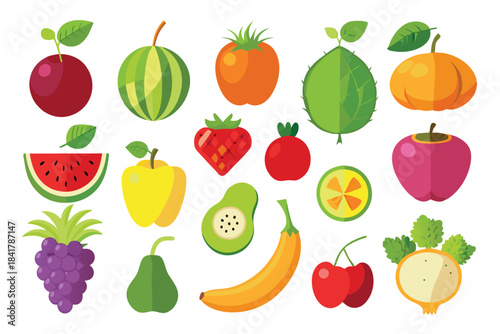 Cartoon fruit collection featuring a variety of vibrant colorful organic produce against a white backdrop