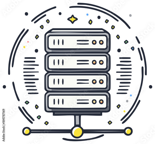 Data server illustration with stars and lines, network concept, server rack design