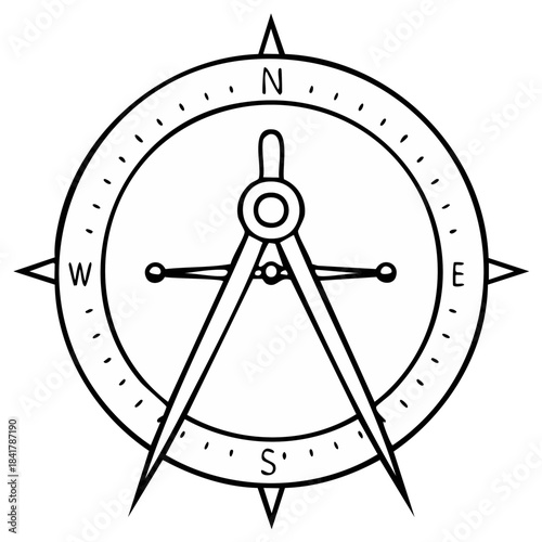 Navigational Compass Rose with Measurement Dividers Artistic Outline