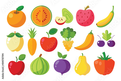 An assortment of diverse, colorful cartoon fruits are neatly arranged on a seamless white surface