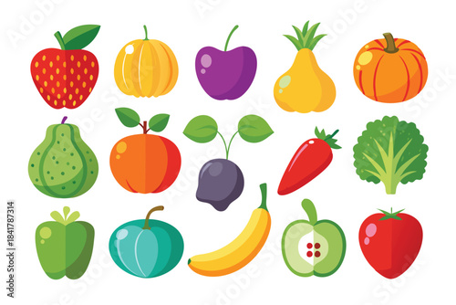 Cartoon fruit and vegetable collection includes apple, banana, carrot, pumpkin and plum icons