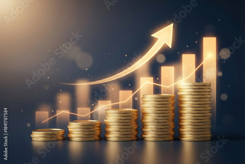 Hyper-Realistic Investment Concept with Gold Coin Tower and Upward Profit Arrow on Dark Background