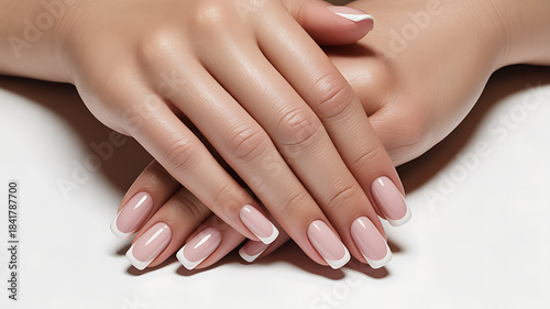 Close up of elegant female hands showcasing a classic and sophisticated french manicure on long nails