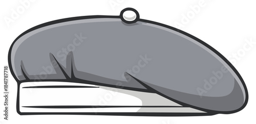 Gray beret with a white band and a small white pom-pom on top