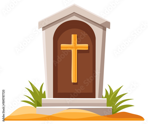 Illustration of a cross symbol on a tombstone-like structure.