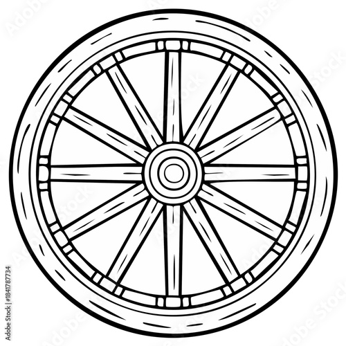Classic Wooden Wagon Wheel Spoked Design Line Art Illustration