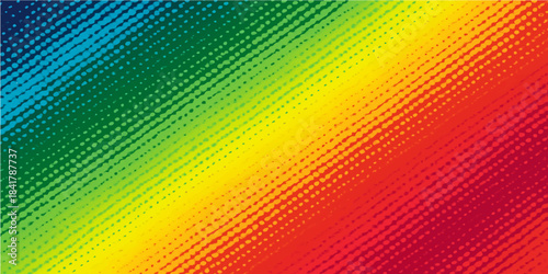 Abstract colorful rainbow background featuring a vibrant halftone pattern and wavy stripes with digital dot elements in an artistic vector illustration design