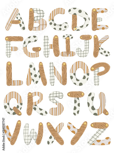 Cute boho alphabet and numbers set with wood texture. Hand drawn vector scandi letters, flowers and baby elements for nursery decor, educational posters, or shower invitations.