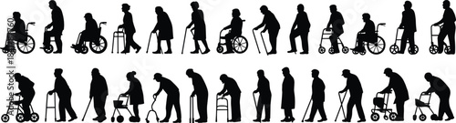 Elderly people silhouettes using wheelchairs, walkers, canes and mobility aids, showing senior disability support, rehabilitation, healthcare assistance and aging lifestyle vector