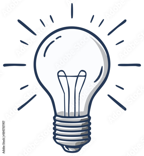 Hand drawn glowing light bulb illustration symbolizing bright ideas, innovation, and eureka moments