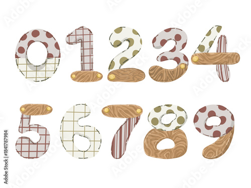 Cute boho alphabet and numbers set with wood texture. Hand drawn vector scandi letters, flowers and baby elements for nursery decor, educational posters, or shower invitations.