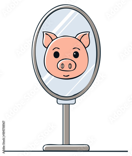 Charming pig character illustration gazes at its happy reflection in a simple oval tabletop mirror