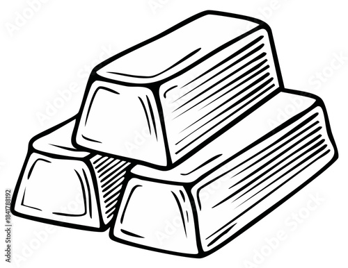 Three stacked gold ingots in a hand drawn vintage style black and white illustration symbolizing wealth and investment