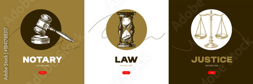 Sketch judicial law banner set. Court, justice, rights, artificial intelligence regulation, notary service, mediation center, arbitration concept. Engraved hand drawn vector illustration.