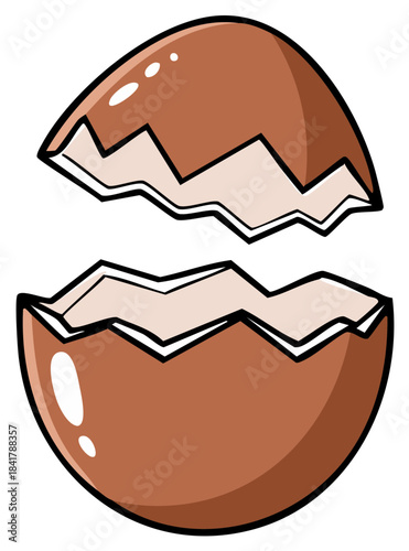 Detailed cartoon illustration of a broken brown eggshell split into two halves