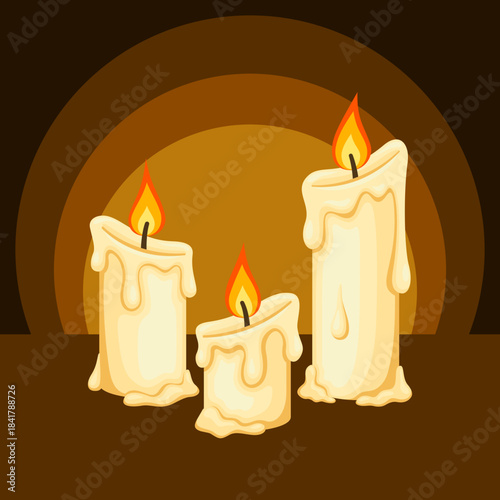 Burning Candle Illustration with Dripping Wax, Warm Cozy Light, Decorative Holiday Candle Art