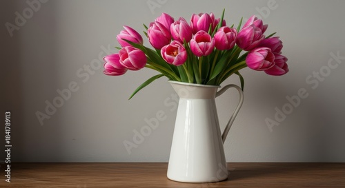 Wallpaper Mural A vibrant arrangement of fresh, bright pink spring tulips displayed indoors in a simple white ceramic farmhouse jug, suggesting beauty and renewal ,ceramic ,wooden ,vase Torontodigital.ca