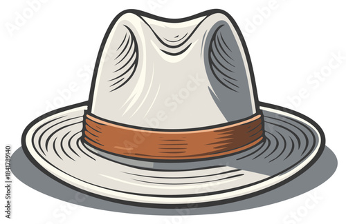 Vintage white fedora hat with brown band, stylish men's accessory, retro fashion headwear, retro vibe, classic design, illustration
