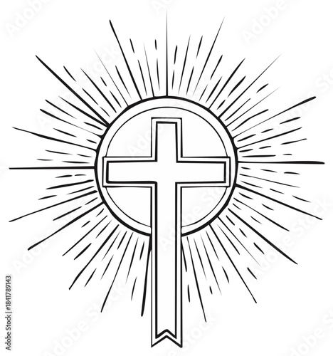 Christian Cross Icon with Radiating Light Rays, Religious Symbol Illustration