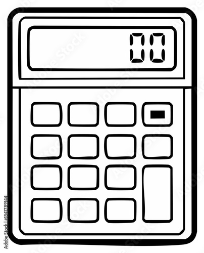 Black and white illustration of calculator with digital display, showing zero.