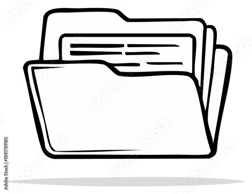 Cartoon line art image of an open file folder with documents