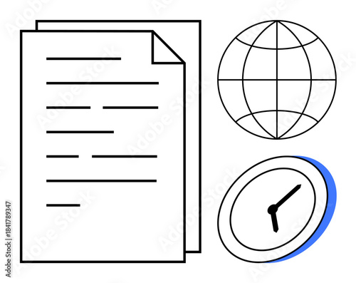 Global business, time tracking, project management, digital records, online communication, productivity solutions. Document, globe and clock icons. Global business and time tracking concept