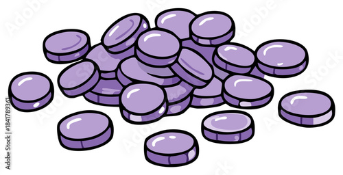 Pile of round lavender pills or tablets scattered on a white surface