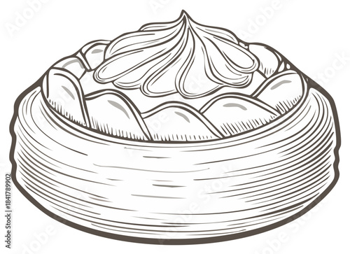Delicious Dim Sum Variety In Traditional Steamer Basket Line Art Illustration Monochrome
