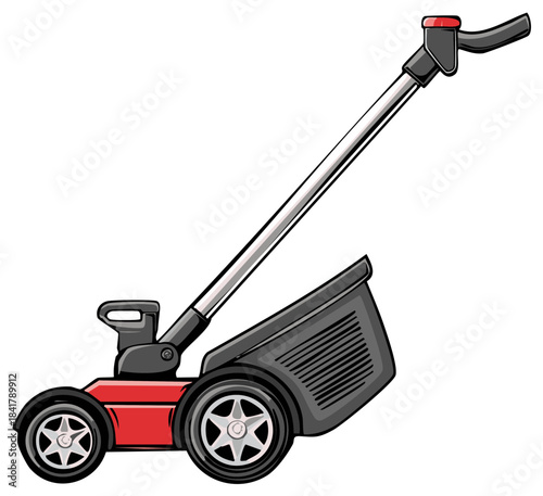 Red and Gray Lawn Mower Vector Illustration of Gardening Equipment for Lawncare