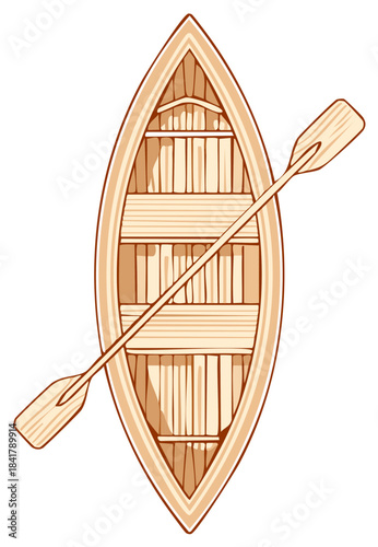 Top down view illustration of a classic wooden rowboat with an oar