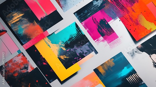 Abstract colorful painted paper collection, flat lay composition.