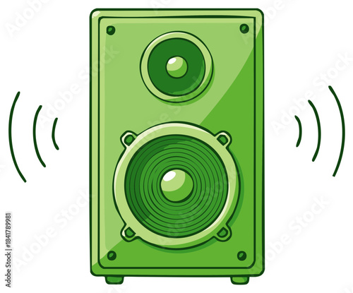 Green stereo speaker emits sound waves illustration in cartoon style