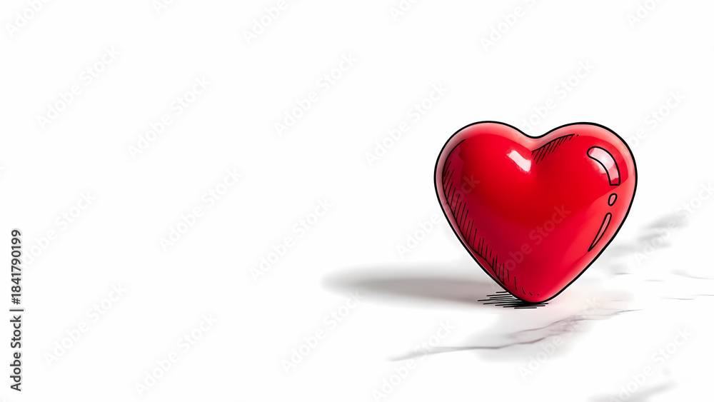 Fototapeta premium Glossy red heart casting a shadow on marble background with copy space 