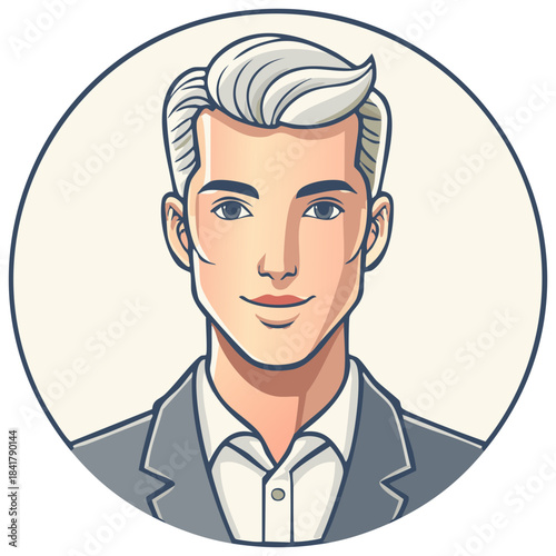 Stylized portrait of a professional man with grey hair and wearing a grey suit in a circular frame.