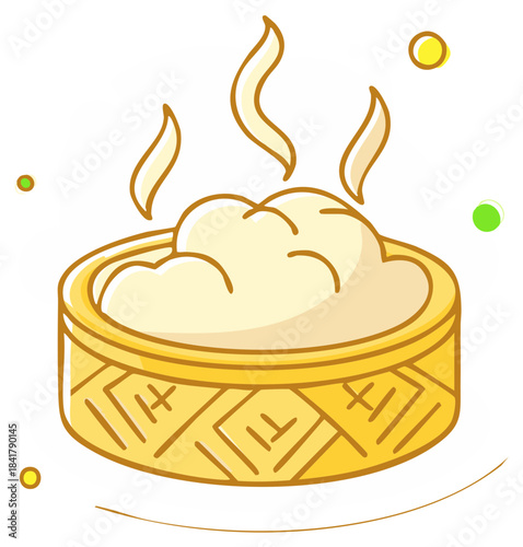 Steaming bowl of fluffy food with rising vapor in a bamboo steamer basket